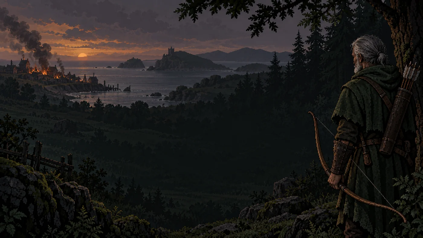 Ashes of the Last Archer: a bow-bearing archer overlooking a burning coastal village